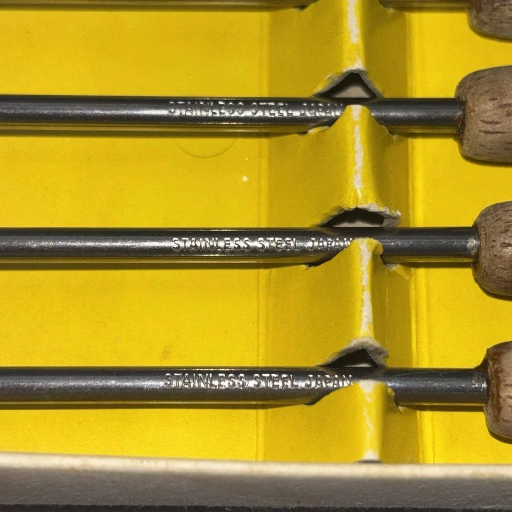 Vintage Fondue Forks 6pc Set Stainless Steel Teak Coded Handles w/Box ~Japan